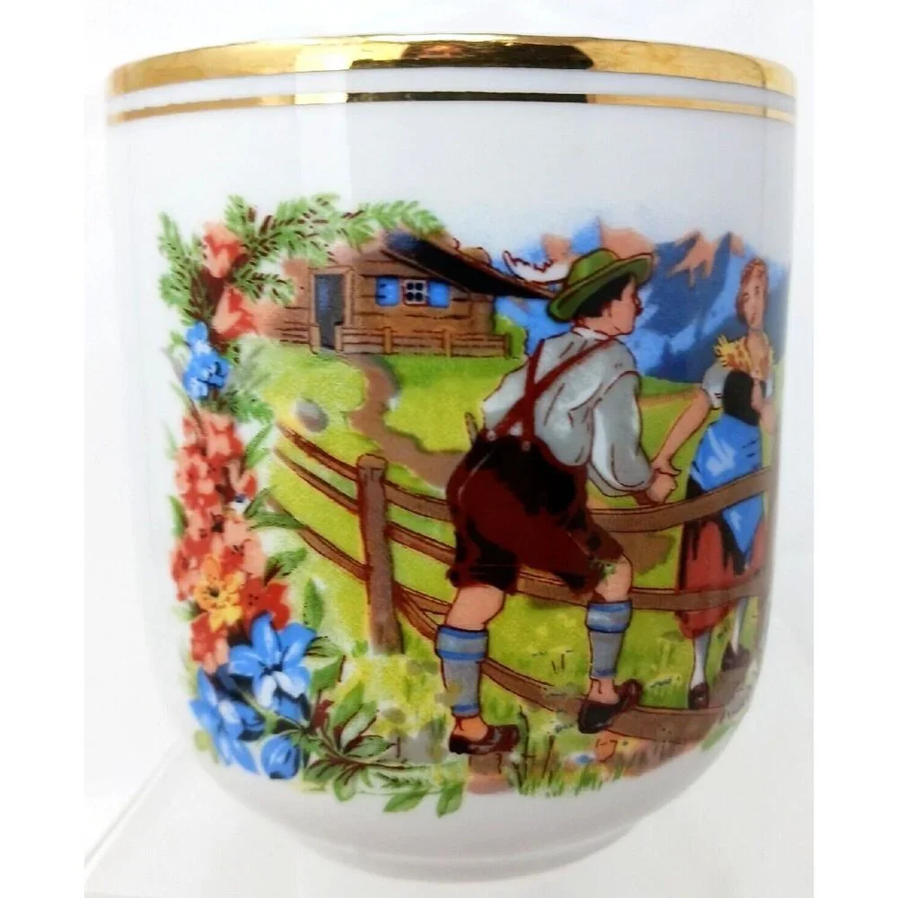 Hungarian Fairy Tale Cup Mug Porcelain Courting Couple Vintage Gold Trimmed #S2